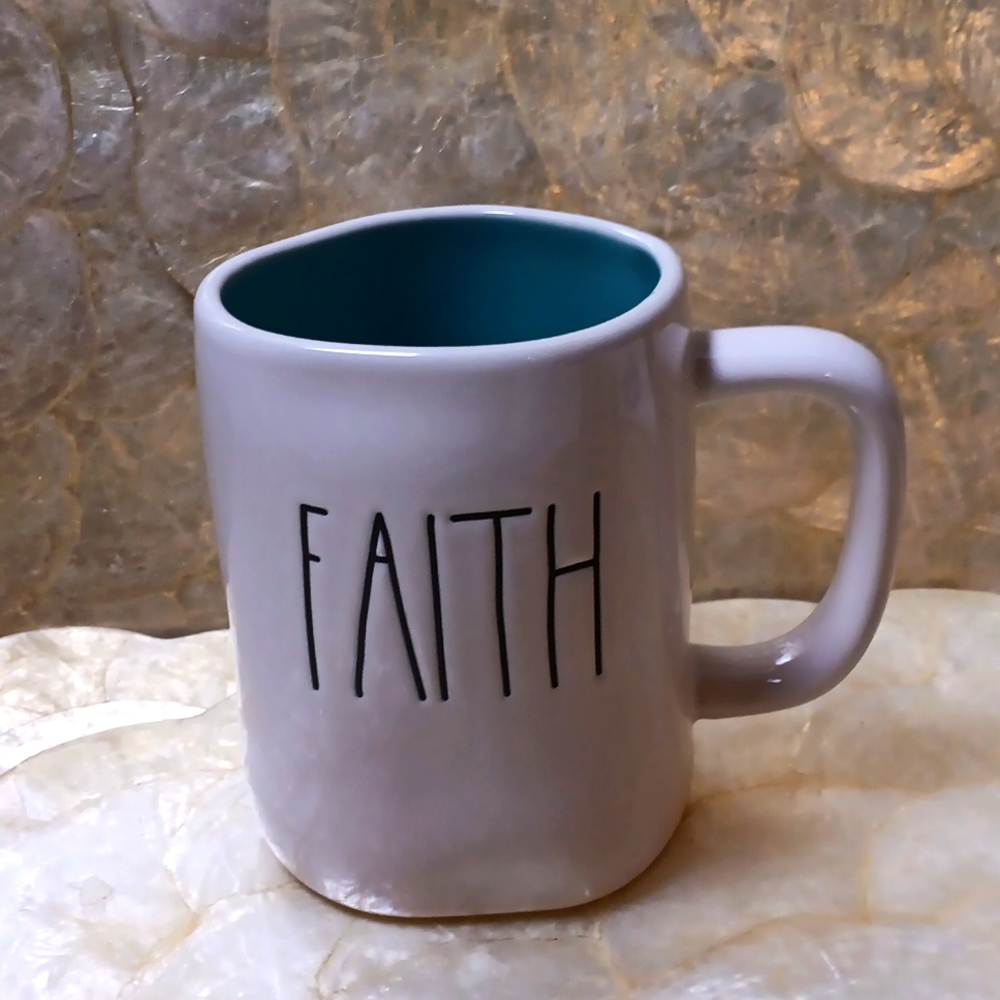 Rae Dunn Faith blue Artisan Collection Ceramic Coffee Mug Cream White 16 Ounce